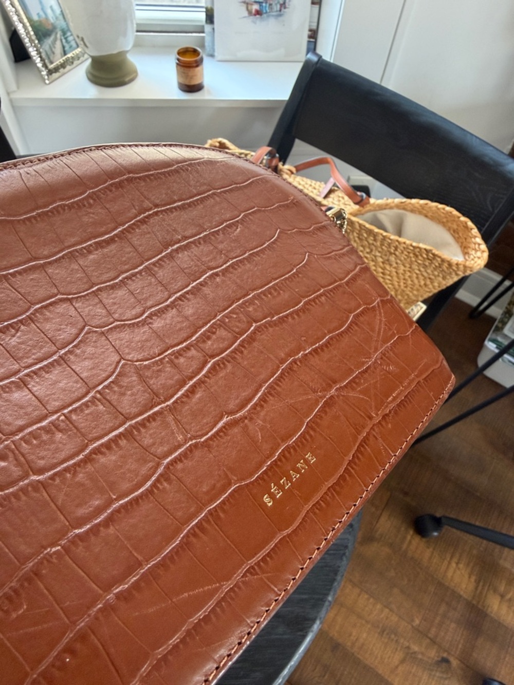 Sezane Cognac Croc-Embossed Leather Crossbody with Gold Rope Chain - Picture 4 of 6